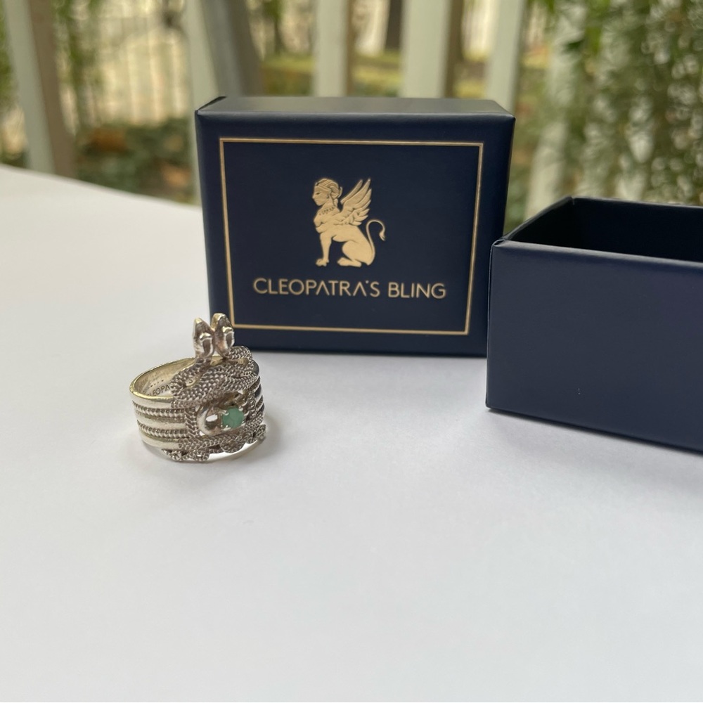 Cleopatra’s Bling Sterling Silver Mushussu Ring with Emerald